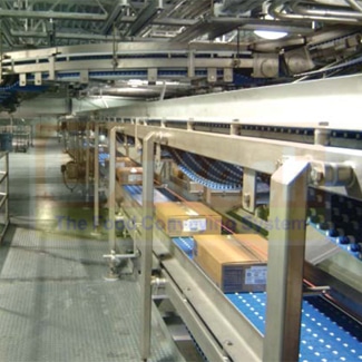 spiral discharge conveyor system for frozen foods.